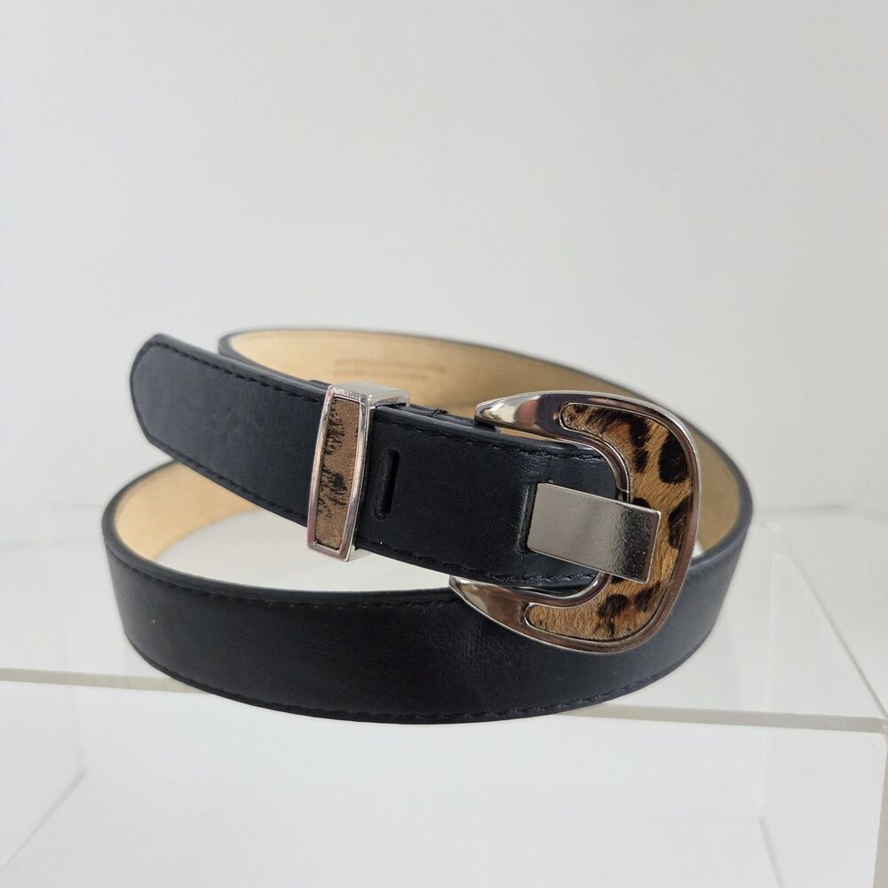 VTG Women's Black Leather Belt Size Medium Leopard Calfhair Buckle 30.5-34.5"